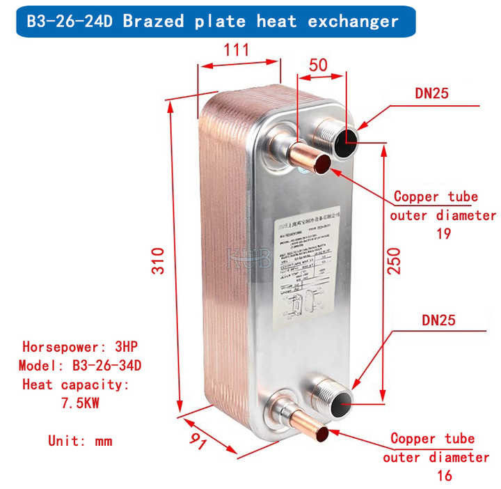 B3-26-34D Acciaio inossidabile 304/316 scambiatore di calore brasato da 1 HP a 6 HP OEM BPHE Tipo piastra scambiatore di calore industriale per frigorifero