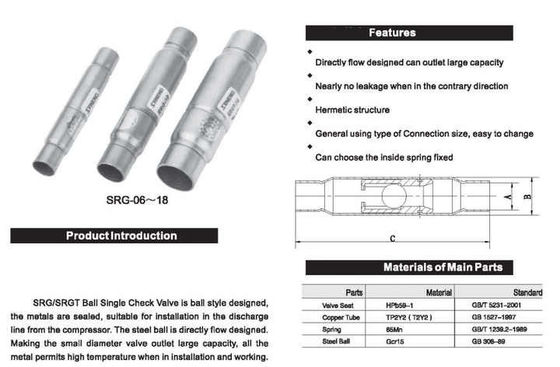 SRG-06 Valvola di ritegno in ottone per refrigerazione a sfera, valvole di ritegno unidirezionali